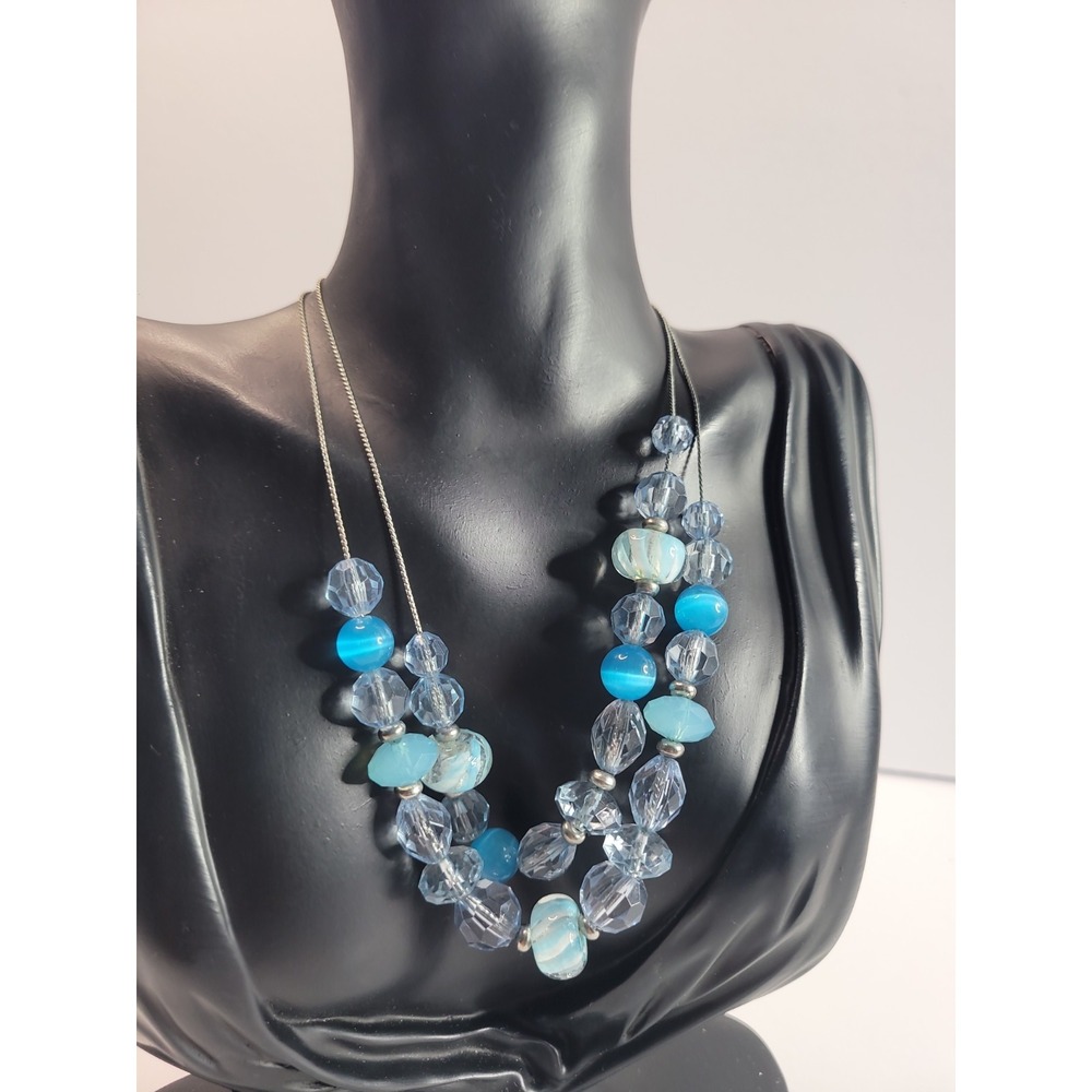 Blue Clear Beaded Necklace Double Strand Iridescent Glass Look Adjustable